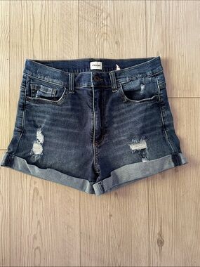 Sneak Peek Dark Blue Distressed Rolled-Cuff Denim Shorts